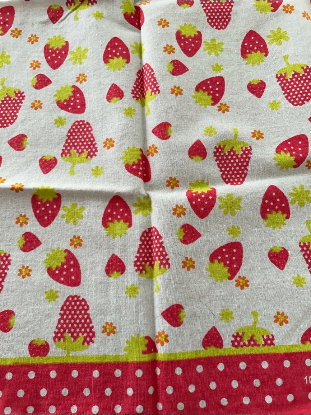 Pink Strawberry Print Cotton scarf - green & White Accents 20“ x 20“